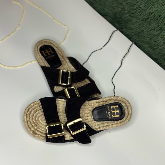 Haute Hippie Black Sandals with Gold Buckles - Picture 1 of 12